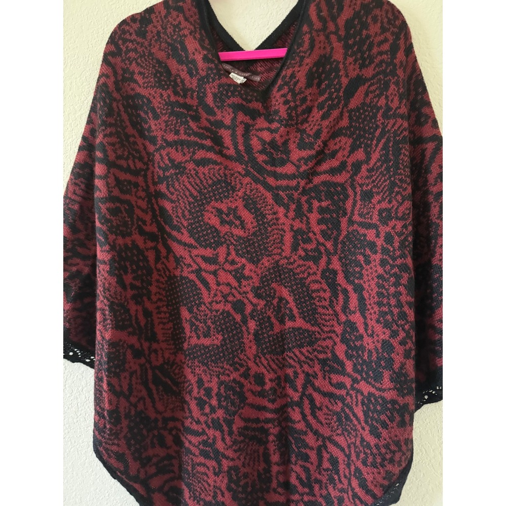Peruvian Connection Alpaca Wool Poncho Burgundy Black Lace Trim L/XL Cottage - Picture 4 of 6